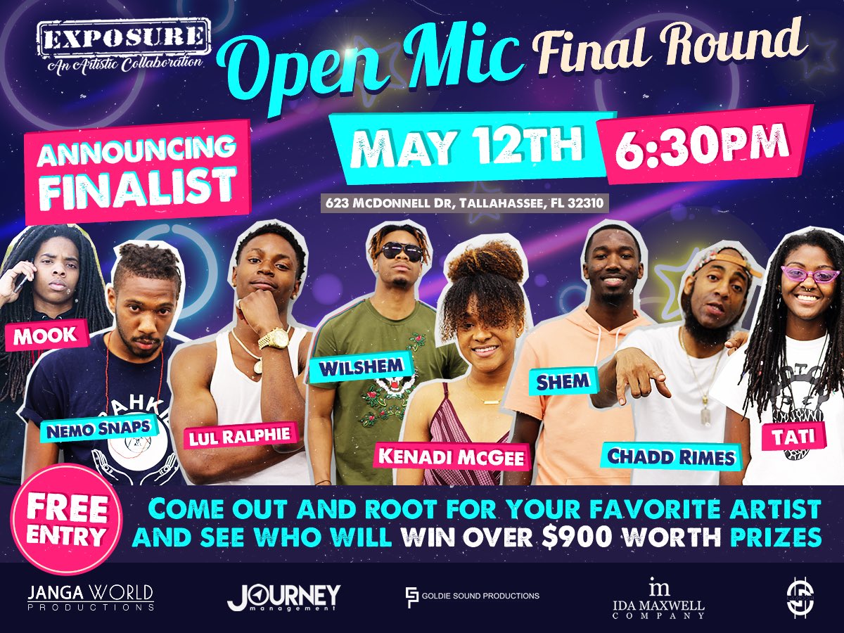 theJOURNEYmgmt's tweet photo. 📍🎤 TOMORROW is the #EXPOSURE: #MainStage!
We’re looking forward to providing a consultation package to the winner!
S/O to #RayBenton & @Bachi_Kage for being a part of the process!
Click link for more info ➡️ https://t.co/icVcb61sf8
#ExposureTLH #theJOURNEY https://t.co/FqmW5ohhnP