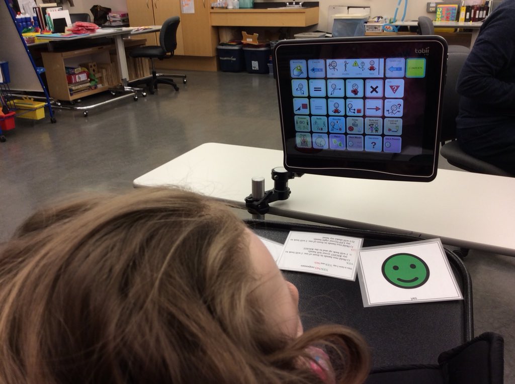 BloorviewSchool's tweet photo. High tech and low tech! Using @TobiiDynavox #EyeGaze to choose activities. Also using Yes/No Picture Communication Symbols (PCS) for choice-making. @chautom @HBKidsHospital #EdWeekOn2018 #OntEd #Communication #AugComm #DreamLearnGrow https://t.co/vFymhn2Anw