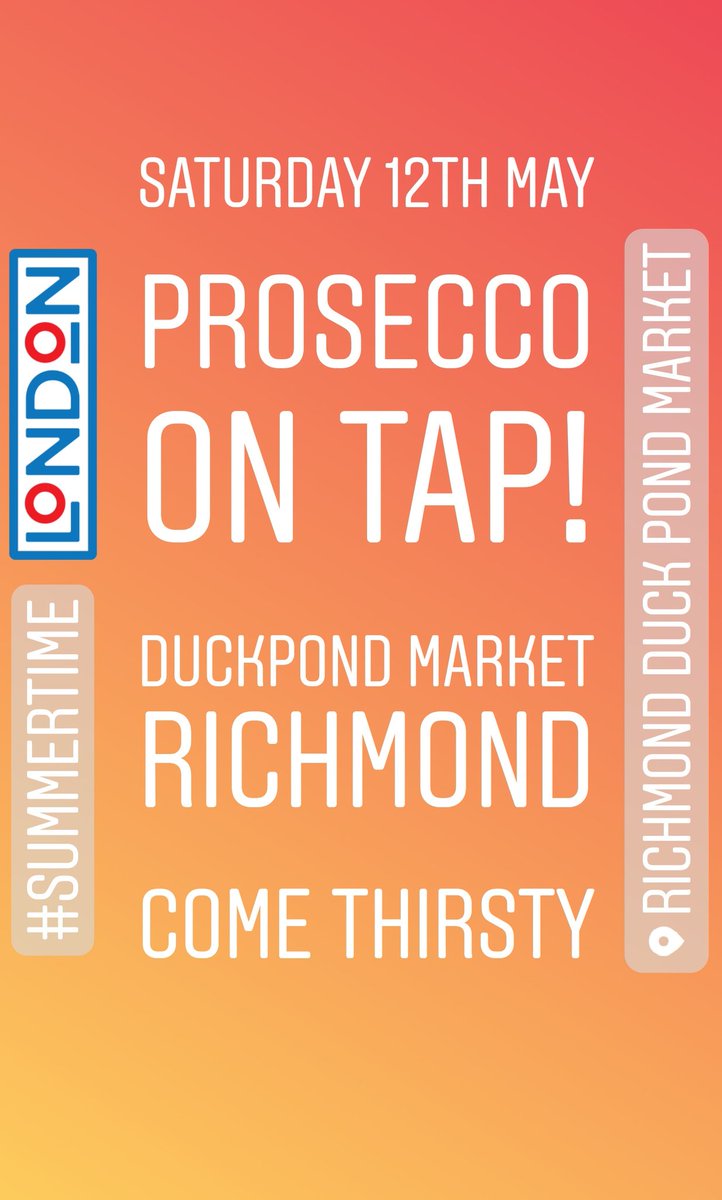 ToT_Wine_Refill's tweet photo. Saturday 12th May we'll be trading at Richmond Upon-Thames.
We'll be serving up;
A crisp white wine
A medium bodied red wine
Chilled Prosecco
Pimm's & Lemonade
Come THIRSTY!
Exact location map in comments.
β€οΈπ₯π·
#tippleontap #totrefill #prosecco #pimms https://t.co/UYMXKcmcJm