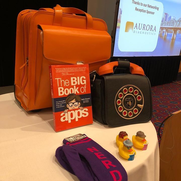 NerdyBFF's tweet photo. All my props and giveaways are ready to go! #BetseyJohnsonBag #JackGeorgesBriefcase #BigBookOfApps #NerdyRubberDucks #NerdSocks https://t.co/DdkhbHhOsF https://t.co/8oTinfnuVU