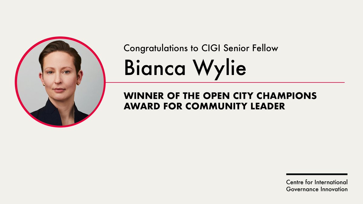 CIGIonline's tweet image. Join us in congratulating CIGI’s @biancawylie on her Open City Champions Award, recognizing her leadership in Toronto&apos;s open data community. #OpenGovWeek #OpenGovCan cc: @PSDintelligence @ODItoronto @CivicTechTO