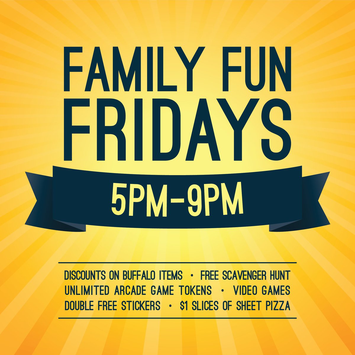 DACWBuffalo's tweet photo. Coming up tonight it's #FamilyFunFriday! Join us for a visit from Mr. NO the balloon guy! Plus get extra discounts, games, $1 sheet pizza slices & more! It's free! It's fun! #TGIFFF Details - https://t.co/xNDJBwbfJF https://t.co/89jZtOxTuA