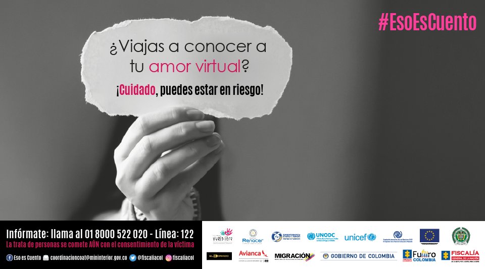 ¿Le ofrecieron matrimonio y viajar gratis al exterior? Tenga cuidado usted puede ser víctima de trata de personas. Si conoce actividad sospechosa o es víctima de este delito, denuncie en #Colombia al 018000522020 o desde celular al 122, y en el exterior 0180009197478 #EsoEsCuento