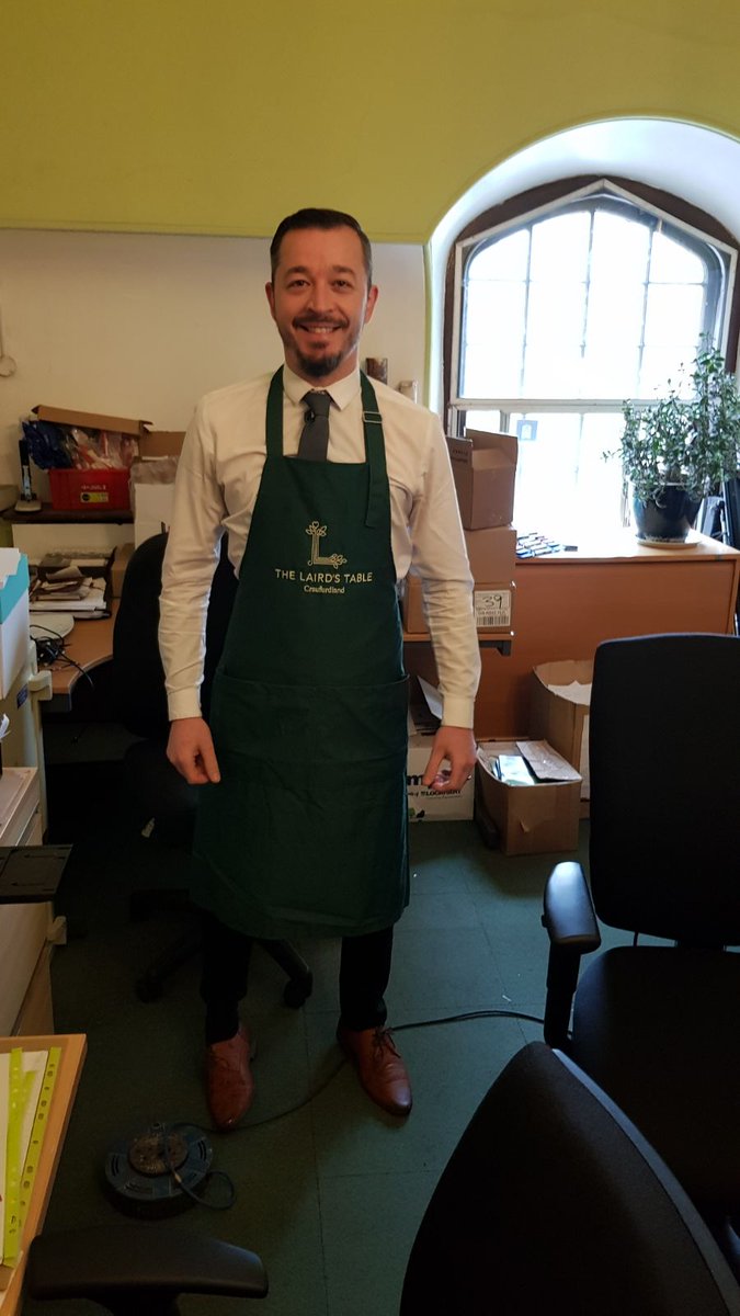 Lairdstable's tweet photo. Looking forward to getting started and up and running. With some more work we should ready to go in no time. Have a look at out head chef Gareth modelling our new aprons. #Lairdstable #craufurdland #restaurant #locallysourced https://t.co/CsClctuQbK
