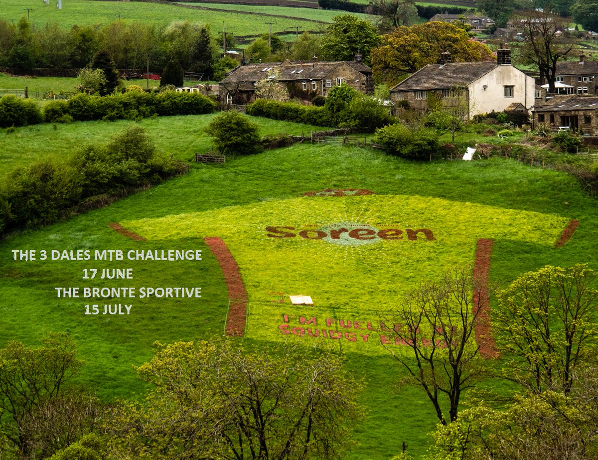 Here's the <a href="/letouryorkshire/">Tour de Yorkshire 🚴</a> land art that missed the TV! At 50m x 50m, is this one huge cycling jersey! Thanks to race sponsors <a href="/SoreenHQ/">Soreen Malt Loaf</a> for allowing us to adapt it to promote 2 great Yorkshire charity cycling events. The sueryder.org/3dalesmtb and the sueryder.org/brontesportive