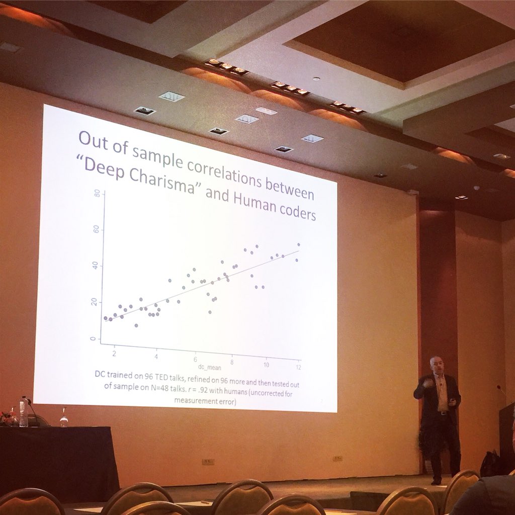 wong_suti's tweet photo. Interesting study by @JohnAntonakis on the correlation between algorithmic &amp; human rated charisma on 48TED talks. r=.92. Nearly perfectly correlated. If Machine can detect what human think is charismatic, it can also reproduce charisma w little errors. Future leadership? #3rdIPLS https://t.co/iB6CrAK2lD