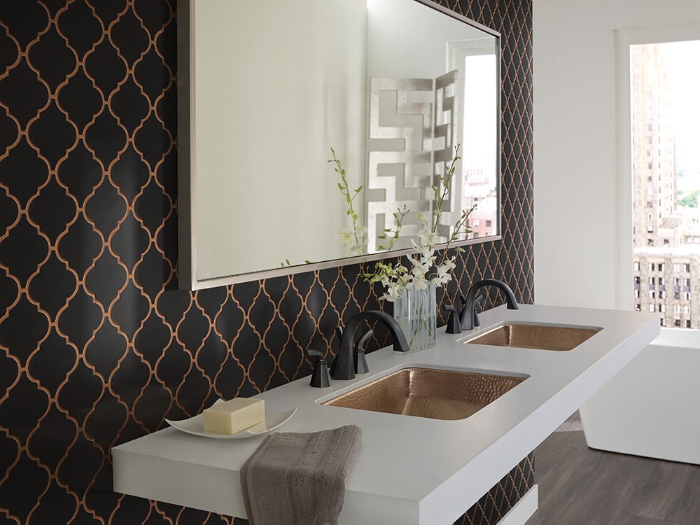 CarpetDenTN's tweet photo. Talk about wow factor! A metal backsplash with a copper grout can really work to set off those stunning copper fixtures. This style from #ShawFloors really makes a statement! https://t.co/pK1PBLl9St https://t.co/J1Exd1AoN8