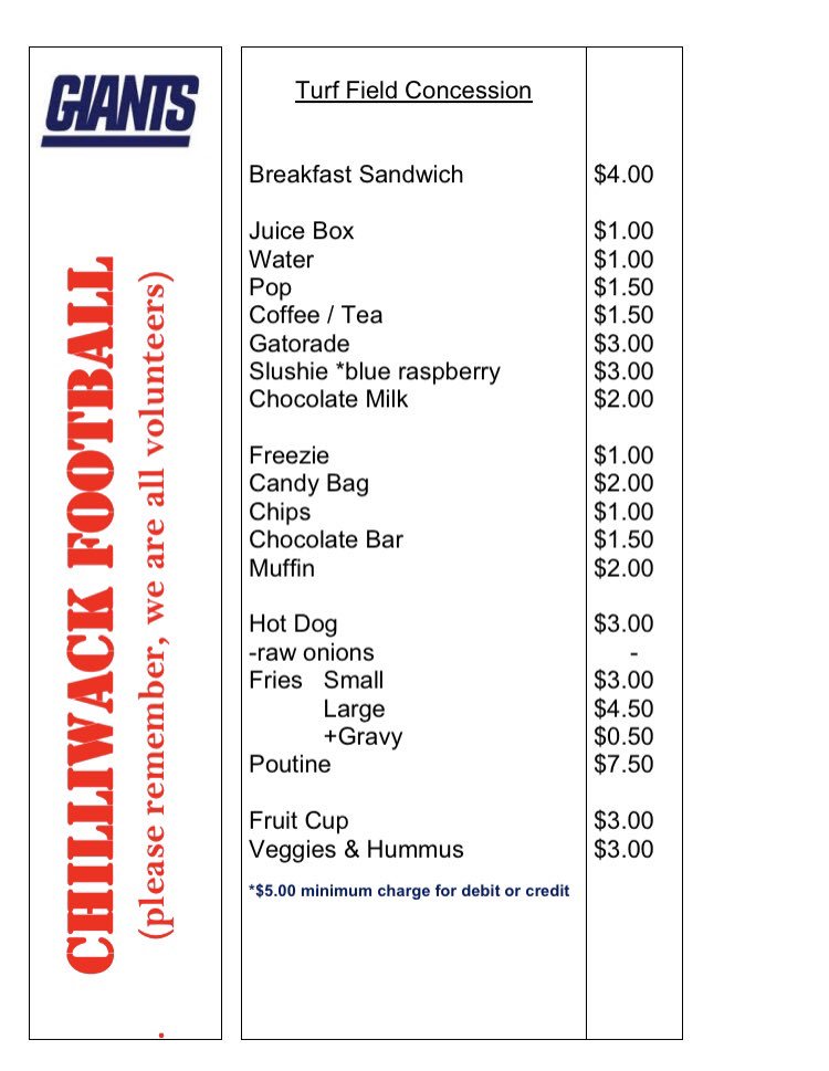ChwkGiants's tweet photo. Who’s counting down for a POUTINE TOMORROW?! The Giants concession will be open, along with the Satellite concession during all games. Take a peek at the menu and get your appetite ready 🍟🌭🍽 #Football #chilliwack #jamboree #getinmybelly #poutinetime https://t.co/XV71HbPWkr