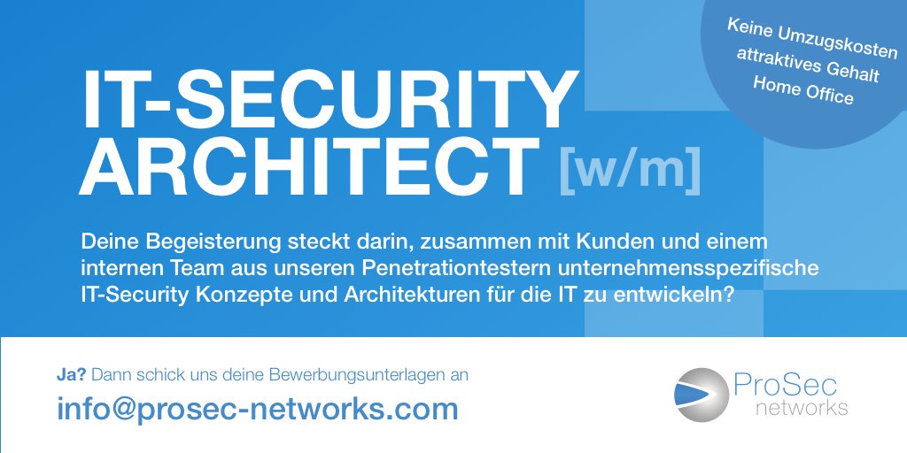 ProSecNetworks's tweet photo. Suchen Dich fรผr einen der geilsten Jobs der Welt ๐จ๐พโ๐ปโจ#itsicherheit #security #CyberSecurity #OWASP #osstmm #OSCP #cyber_security #pentesting #ProSec #TeamProSec https://t.co/ZM2ULc20vT