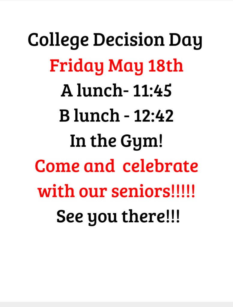 PlanoEastAVID's tweet photo. 1 week until our college decision day!! Come join us on Friday in the gym both lunches!! https://t.co/hC98WCF8XV