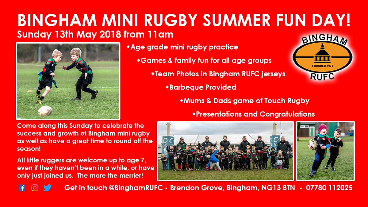 The Bingham Mini Rugby season comes to an end this Sunday with our summer fun day! It's been a great year in which we've grown in numbers &amp; quality. Get in touch to find out more as we'll be even bigger &amp; better when we return in September. #Bingham #mini #rugby #LittleRuggers