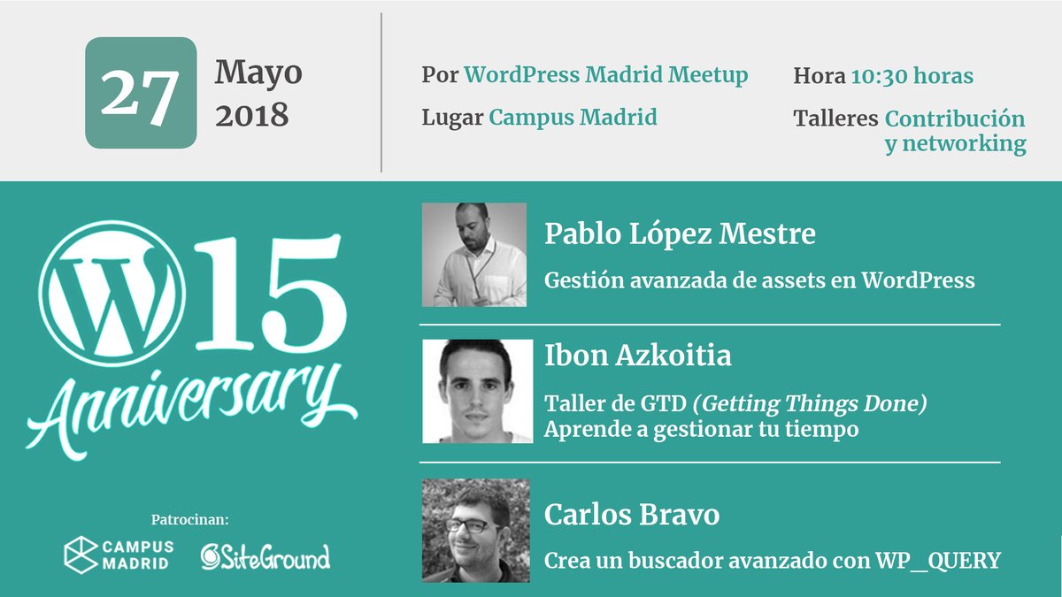 MadridWordPress's tweet photo. Si has asistido a #WPRGPD y te has quedado con ganas de más, nos vemos el domingo 27 de Mayo en @CampusMadrid para celebrar los 15 años de WordPress.
Apúntate en https://t.co/9OaP69Z9Jl
#15añosWP https://t.co/BrBvHK4e1p