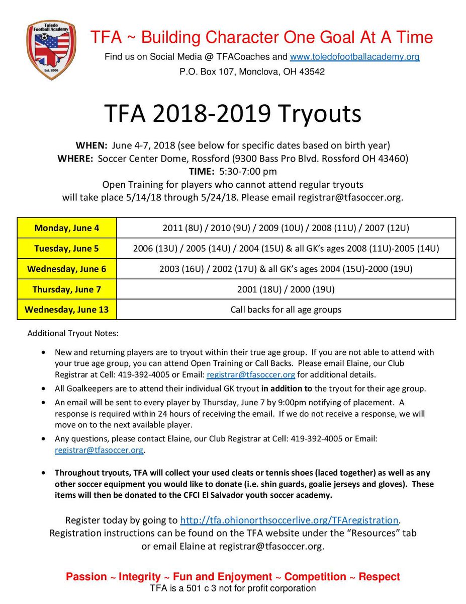 TFACoaches's tweet photo. Announcing our 2018/2019 tryout dates! Check newsletter, app or https://t.co/10sHpwyuzm for complete information on registration! We look forward to seeing you there! https://t.co/b3si3wHVO4