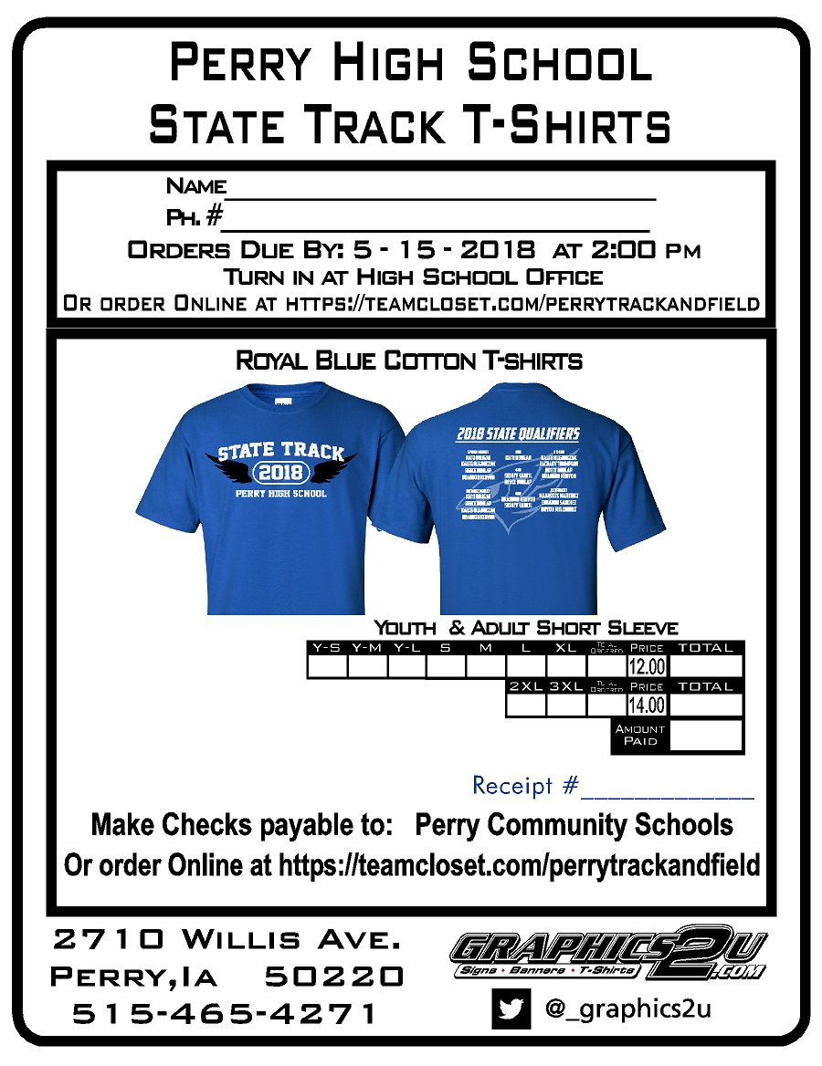 _graphics2u's tweet photo. Hey Everyone, get your Perry High School State Track T-shirts now!  Be ready to cheer on the Bluejays &amp; Jayettes next week!  Order online at https://t.co/aQEfDLOOHA or turn your order form in at the High School office Before next Tuesday at 2:00pm. https://t.co/kpYE9gD84C