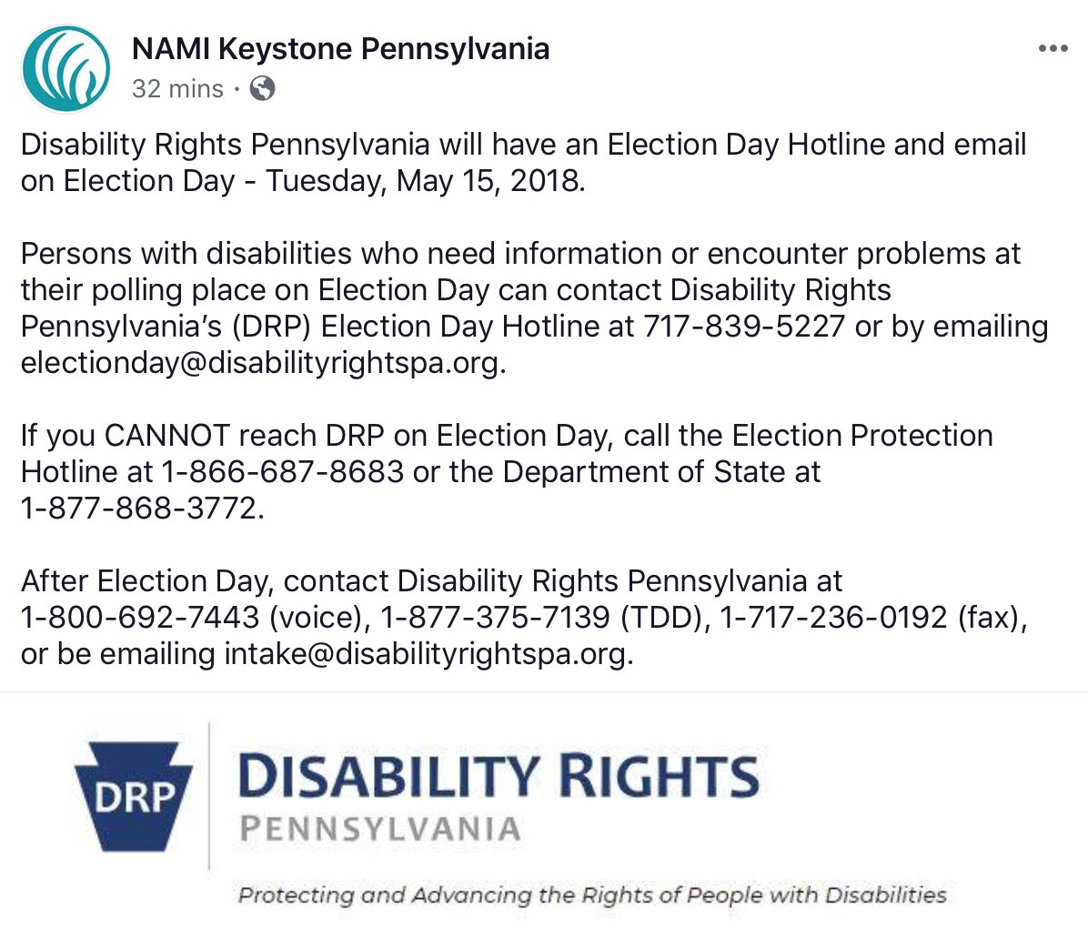WeWantConorLamb's tweet photo. Spread the word. 

IMPORTANT ELECTION DAY HOTLINE NUMBERS

Persons with disabilities should contact Disability Rights PA’s hotline with any questions or problems. Everyone may contact Election Protection and/or the PA Dept. of State for assistance.

#PAPrimary https://t.co/7X8r51Zkc5