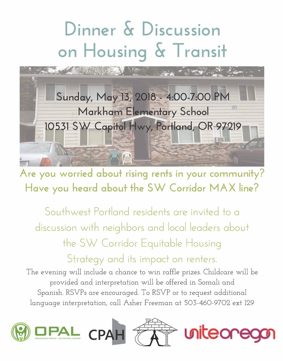SWCorridor's tweet image. Come join for dinner and community conversation about housing equity in SW Portland. Sun 5/13 4-7 pm Markham Elementary