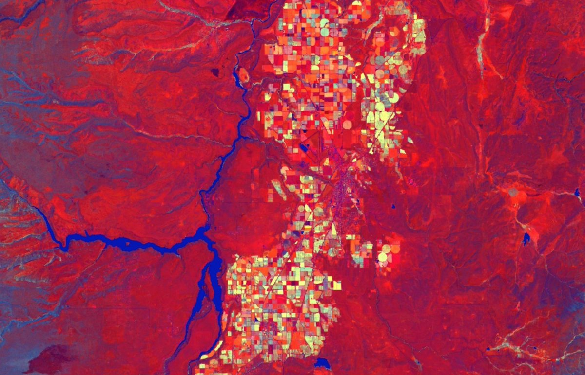 TellusLabs's tweet photo. Check out this week's #RasterFriday of a tasseled cap transformation of a Landsat 8 image near Madras, Oregon π (RBG = TCAP Brightness, Greenness, Wetness). #TellusLabs #GoKernel https://t.co/2qHLHWPrdF