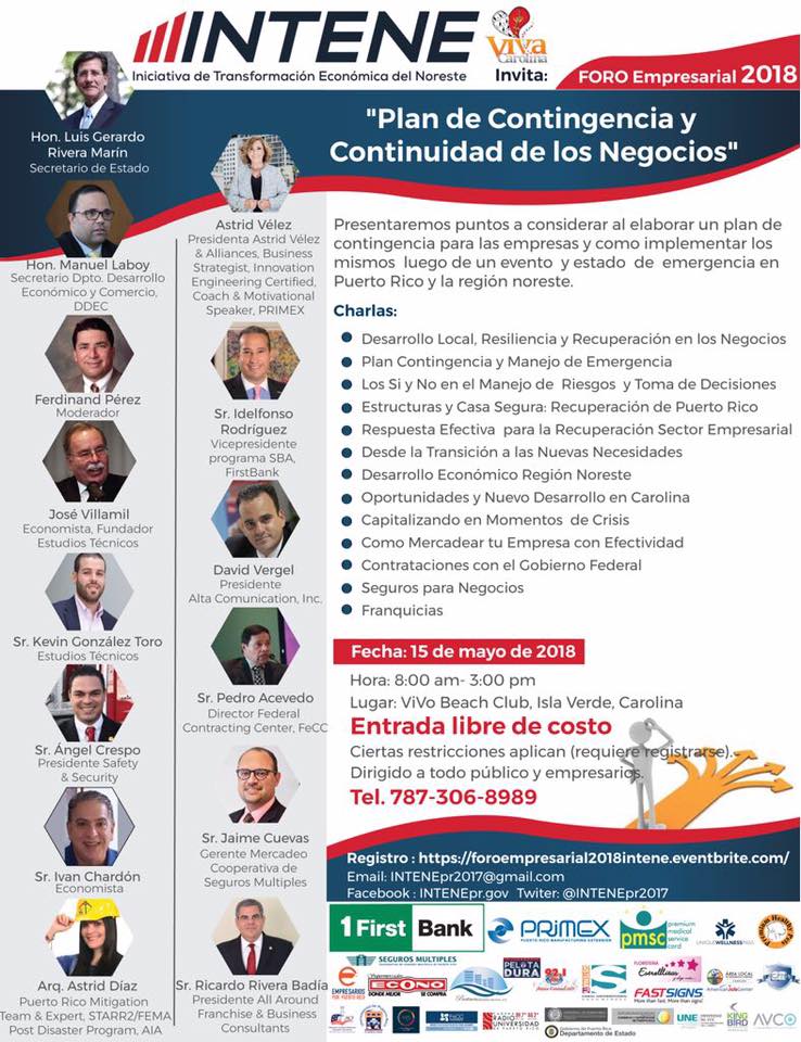 PuertoRicoFeCC's tweet photo. Acompañanos al Foro Empresarial 15/ mayo/18 INTENE presentará puntos a considerar al elaborar plan de contingencia para empresas y como implementarlos luego de un evento de emergencia en PR ENTRADA LIBRE DE COSTO 787-306-8989 #INTENE #foroempresarial #Oportunidades #empresas https://t.co/urJFtQkeHa