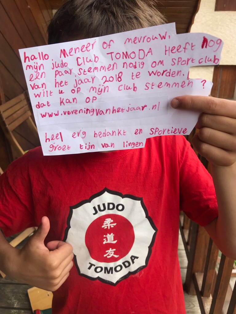 TomodaNijmegen's tweet photo. Geweldige actie Tijn van Lingen! Stem op Judo Tomoda en help ons eerste worden in Gelderland! @Verenigingvhj https://t.co/jxpfsqqiem