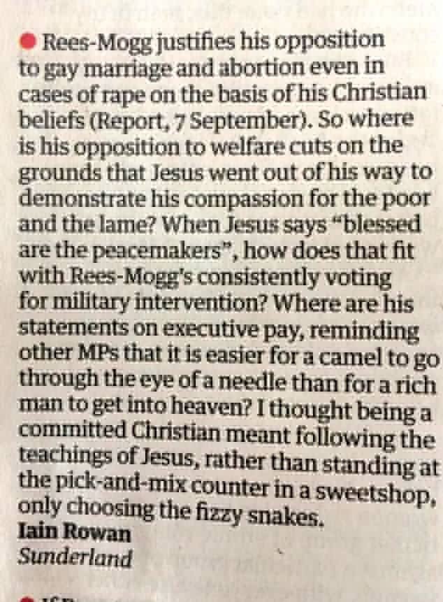 JamesMelville's tweet image. A brilliant takedown of Jacob Rees-Mogg in this rather marvellous letter to the Guardian. 

Take a bow, Iain Rowan. You’ve absolutely nailed it.