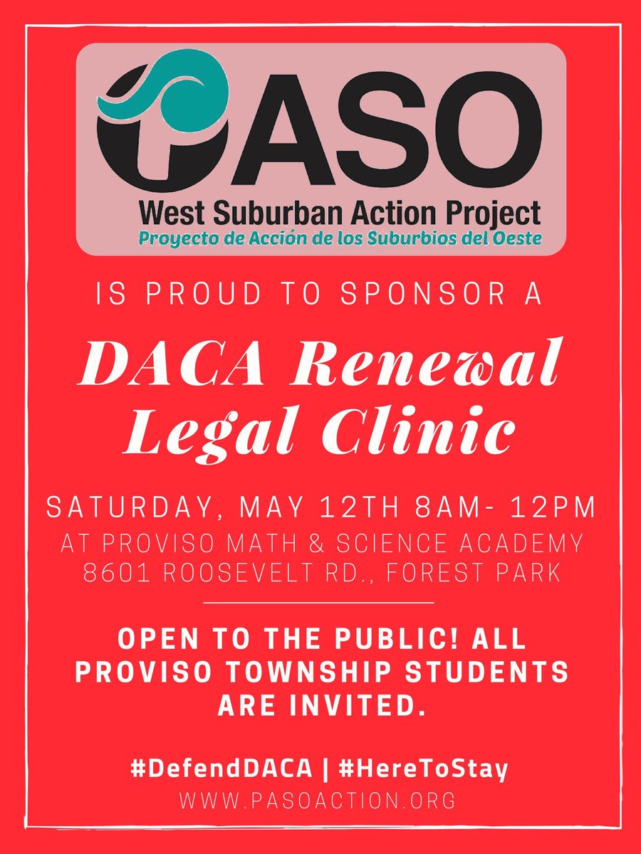 SpeakerWelchIL's tweet photo. Join PASO - West Suburban Action Project this Saturday 8am-12pm at PMSA for a FREE Naturalization and DACA Renewal Legal Clinic. All are welcome!#DefendDACA #HereToStay #WelcomeIL https://t.co/Pue7LqYmoZ