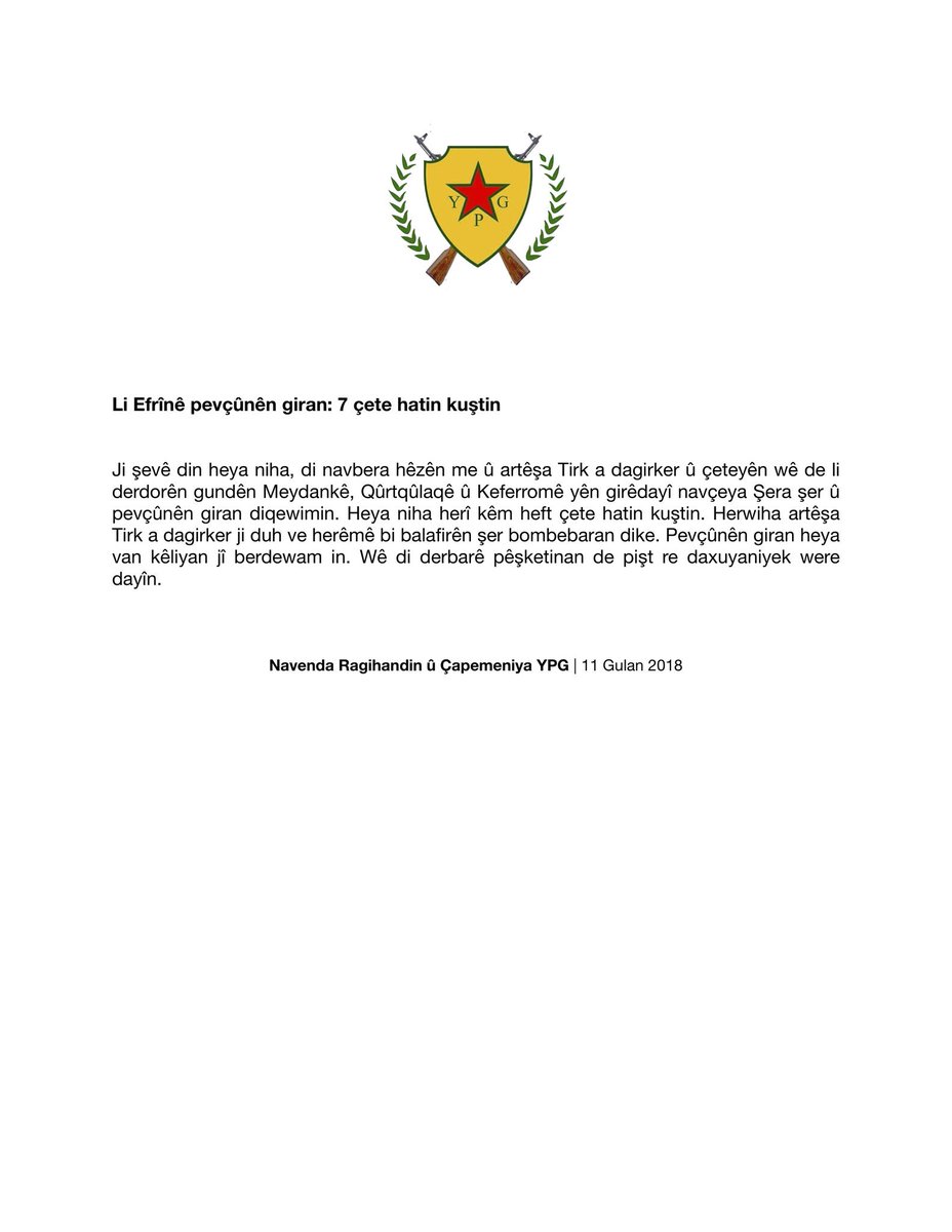 YPGinfo's tweet photo. Heavy clashes have been taking place in #Afrin between our forces and invaders/jihadists: 7 terrorists were killed. Detailed statement to be issued tomorrow. https://t.co/u2SUmVdYvk