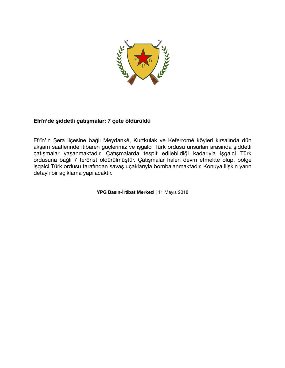 YPGinfo's tweet photo. Heavy clashes have been taking place in #Afrin between our forces and invaders/jihadists: 7 terrorists were killed. Detailed statement to be issued tomorrow. https://t.co/u2SUmVdYvk
