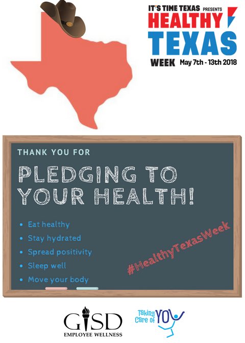 gisdwellness's tweet image. Thank you for pledging to your health this week and for the future!  It was a great week around the district with lots of healthy activities for @ITSTIME #HealthyTexasWeek! 🍎👟💤😁