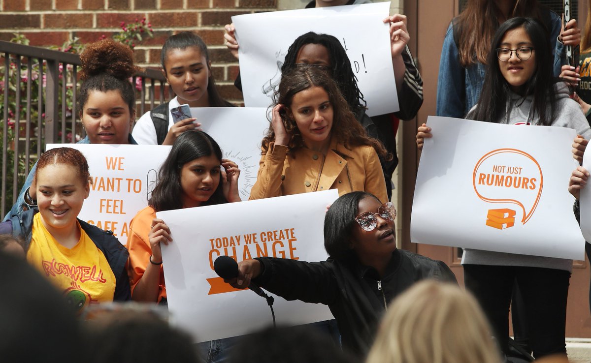 SteveRussell's tweet photo. Toronto high schools from Harbord Collegiate and Central Toronto Academy walk out of class to demand the provincial government take action to protect students from teachers who engage in sexual abuse or misconduct. They are using the hashtag #NotJustRumours https://t.co/LWlSbtXTJx
