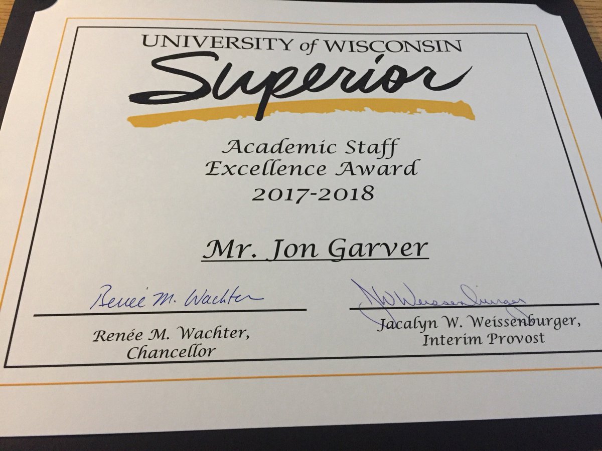 GarverOnKUWS's tweet photo. Those who know me know I'm not big on having a fuss kicked up about me but a little one happened today. I'm honored &amp; humbled to receive this from @uw_superior. Thanks to my colleagues for allowing me to do my job and to Allison (@justagerl83) for being an understanding wife. https://t.co/GgRpRcD6ei