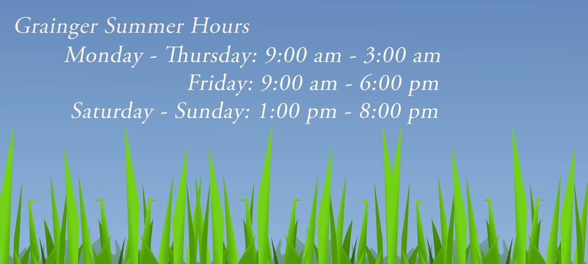 graingerlibrary's tweet photo. Starting on Monday, we'll be switching to our summer hours. (Yay summer!) #ILLINOISgel #GraingerLibrary #finallyfeelslikesummer https://t.co/DEByW6eiLr