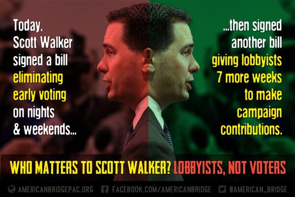 VoteWisDems's tweet photo. RT if you think @ScottWalker should respect the flag by expanding voting hours instead of reducing them. #WalkerTricks #FireWalker #VoteBlueWI #RPW2018 #wipolitics #wigov https://t.co/bnecO1snaH