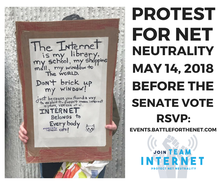 #REDALERT: The Senate is expected to vote on the CRA resolution to block the FCC's #NetNeutrality repeal WEDNESDAY MAY 16TH. Join #TeamInternet outside key Congressional offices to help keep up the pressure. We can't win this without you! RSVP now: events.battleforthenet.com