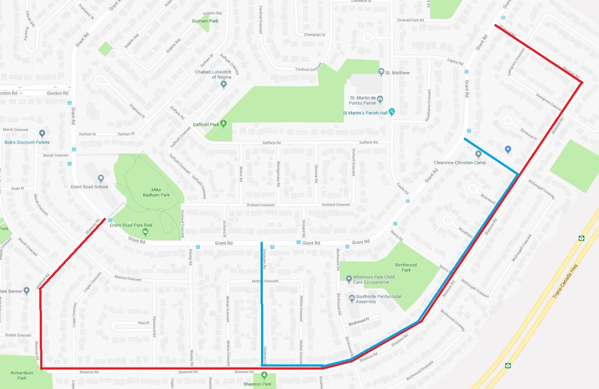 sshawks's tweet photo. @YQRTransit I don't like this at all. You could have done it way better and established temporary all along Shannon. See my picture. Red route would = better.  #YQR https://t.co/9OKAXJ0qWb