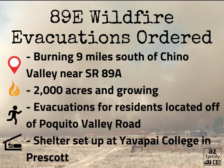 NicoleCritesTV's tweet photo. 🚨BREAKING NEWS- BRUSH FIRE burning homes in Prescott Valley. Shelter @YavapaiCollege #89EFire #azfamily Follow @chopperguyhd over the scene & @LaurenReimerTV @spencerjblake on the ground https://t.co/t4xVdgxSeV