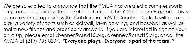MrsBennClass's tweet photo. Exciting news for families of kids with disabilities in Dewitt County! #MaroonPride #DewittCountyIL #YMCA #YChallengerProgram #summersports #ClintonIL #DewittCounty #adaptivesports https://t.co/OYvHS8afgg