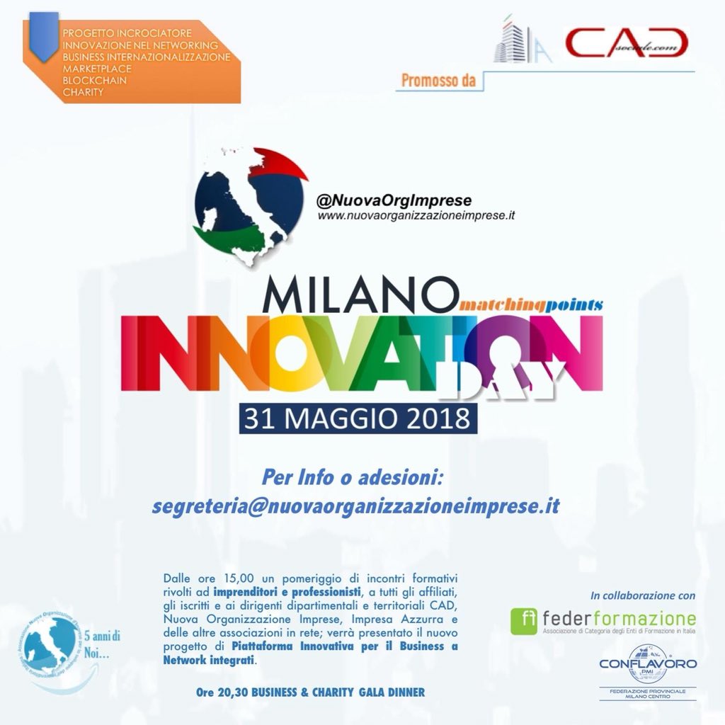 NuovaOrgImprese's tweet photo. L'evento è promosso dal CADsociale, Impresa Azzurra e Nuova Organizzazione d'Imprese #Matchingpoints #InnovationDay in collaborazione con Conflavoro, Federformazione e la Libera Imprenditoria Associata https://t.co/dbHnztg6cH https://t.co/DizwyoFI4S