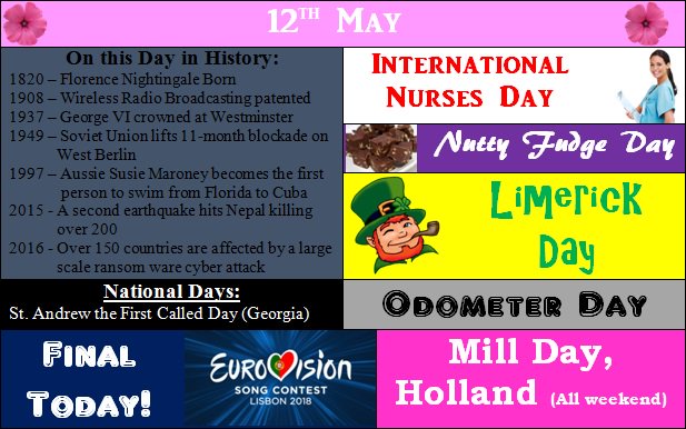 MakingDayCount's tweet photo. #OnthisDay #OnthisDayinHistory #ThisDayinHistory #InternationalNursesDay #LimerickDay #NuttyFudgeDay #OdometerDay #Eurovision #Eurovision2018 #MillDay https://t.co/lQyWKO3dNP