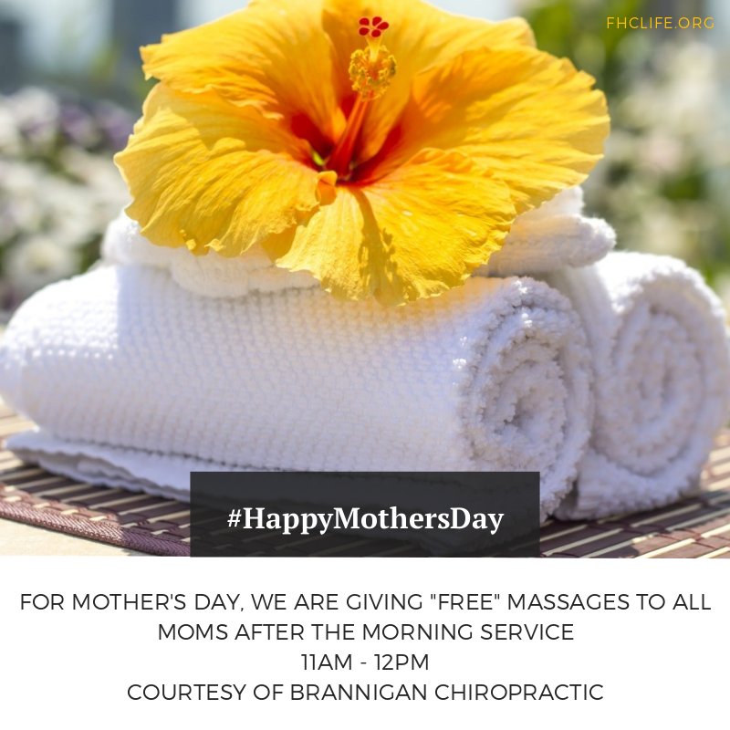 MyeChurch's tweet photo. Moms will be able to Rest, Relax, and Restore after this Sunday Morning Service with a FREE Massage courtesy of Brannigan Chiropractic from 11 AM ~ 12 PM/CT. Please share with friends & family. Enjoy! π»
#FHC #FHChurch #MothersDay #Gift #Massage https://t.co/MxnJZZ3UEX