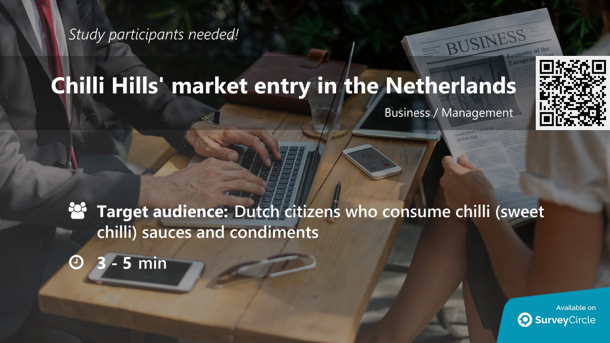 daily_research's tweet photo. Current online study which is still recruiting participants:
"Chilli Hills' market entry in the Netherlands" https://t.co/ZEQwt8cDUE via @SurveyCircle
#ConsumerResearch #ChilliSauces #ChilliHills #MarketEntry #Netherlands https://t.co/HXV3qs1Nfr