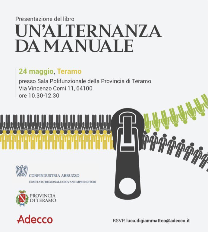 SilviaFrau73's tweet photo. SAVE THE DATE: Presentazione del Libro "Un'Alternanza da Manuale" - 24 Maggio - Teramo - ore 10:30 #Adecco #ConfindustriaAbruzzo  @salernojessica5 @SeryDeRi @ang_marta1988 @FebboRaff @cesarino_m @Lucazama #wsria https://t.co/2CdR7J4L4c