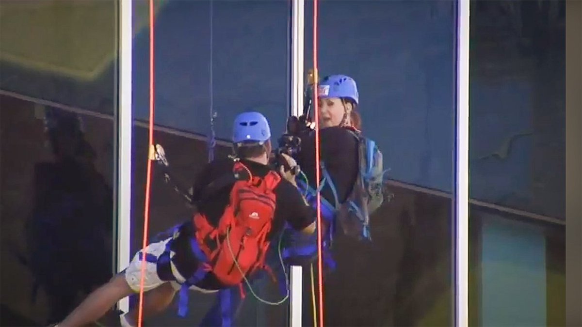 Melanie_Falcon's tweet photo. They made it! @MarkShanaberger and @Jaccii rappelled 12-stories down #Tower6 in #Allentown as part of #ValleyOverTheEdge. It's a fundraiser benefiting Lehigh Conference of Churches. Today was media day, YOU have your chance tomorrow if you pledge to raise $1,000! https://t.co/qb3OS1anbf