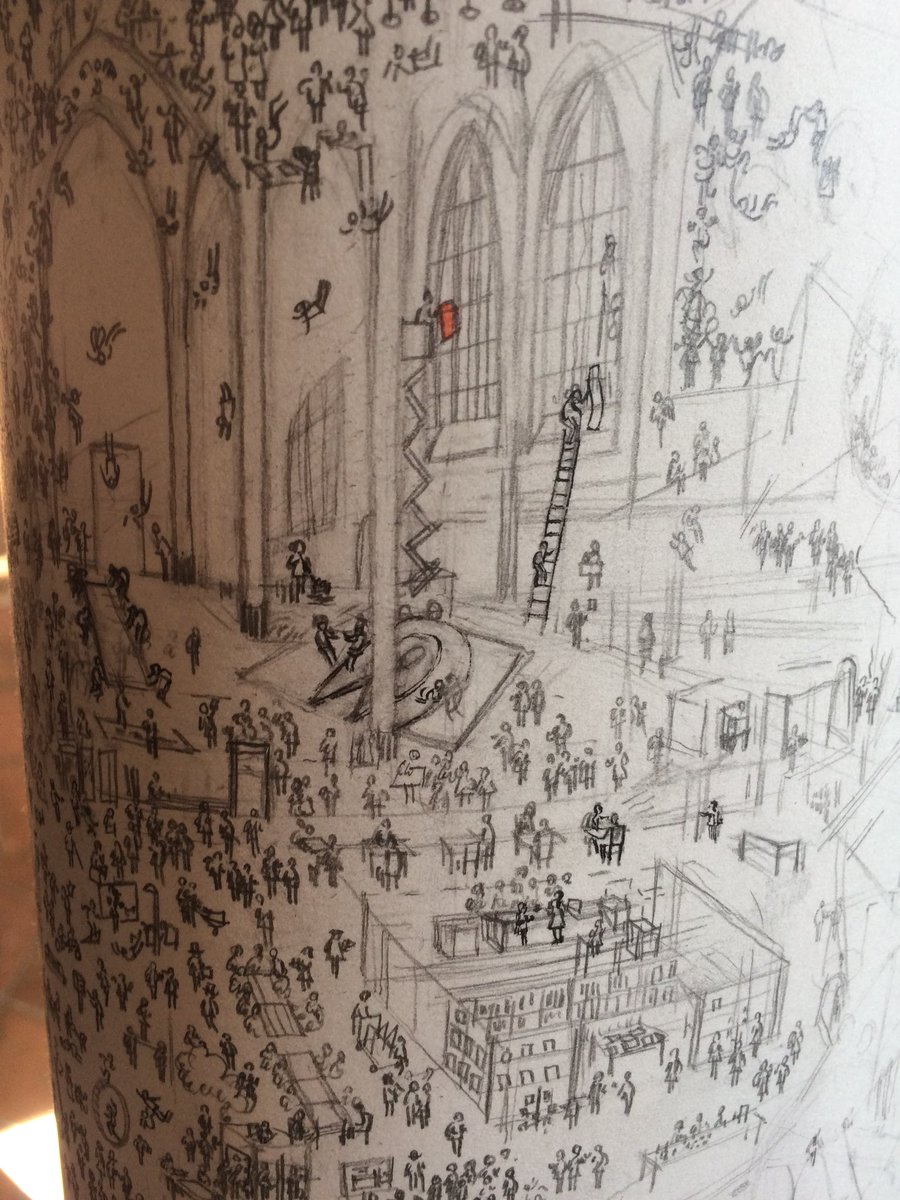 adriengoetz's tweet photo. En ce moment au @CBernardins, deuxième acte de l’#ExpoDevenir conçue avec les @beauxartsparis : venez voir #Pimodan, jeune artiste qui dessine ce qui se passe autour de lui sur un long ruban de papier qui a déjà 10 mètres de long ... https://t.co/RE1FcQxNfu