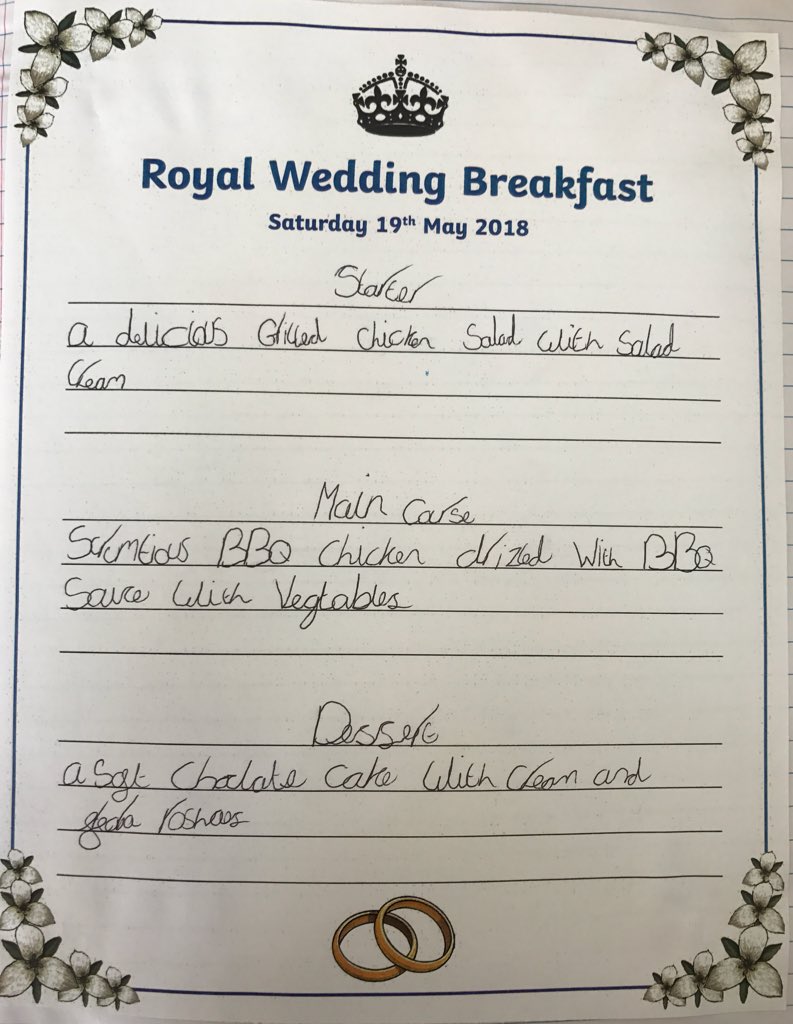 BubsyTownhill's tweet image. Look at some of our wedding breakfast menus! They sound delicious!!! 🎉👰🏼🎩🧀👑🍲 #descriptivelanguage #thcyear4 #thcliteracy #royalweddingrichtask