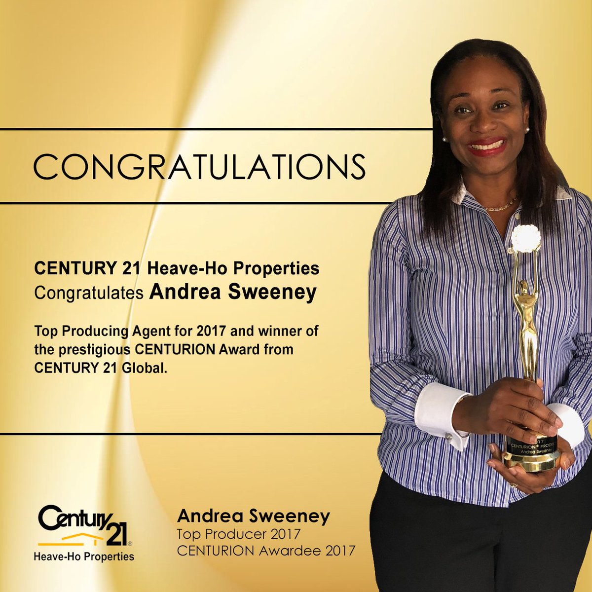 C21HeaveHo's tweet photo. Congratulations are in order for our top producer for 2017 and also copping the Centurion award from CENTURY 21 Global
We are proud of you Andrea !!!
#realtorlife #realtoraward #rewardsrecognition #teamcenturion #century21global #century21realestate https://t.co/dYoCuDYBxG