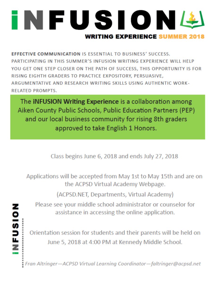 AikenPublicSch's tweet photo. Have a rising 8th grader enrolled in English 1 for next fall? iNFUSION Writer's Camp is an amazing experience to prepare him/her for writing in the "real world." https://t.co/drqq2AbFIq
