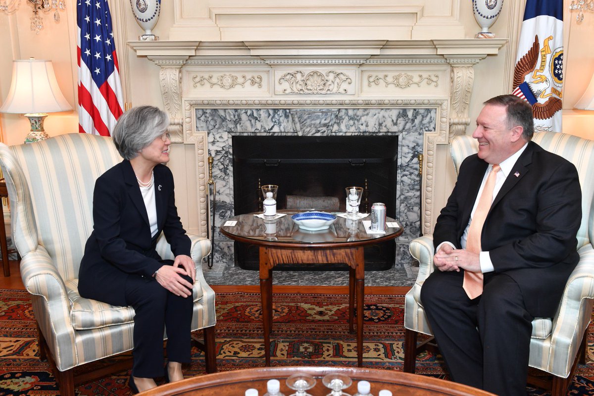 Productive meeting with Kang Kyung-wha of <a href="/MOFAkr_eng/">MOFA</a> today to discuss #NorthKorea and <a href="/POTUS/">President Donald J. Trump</a>’s commitment to the complete, verifiable, irreversible denuclearization of the Korean Peninsula.
