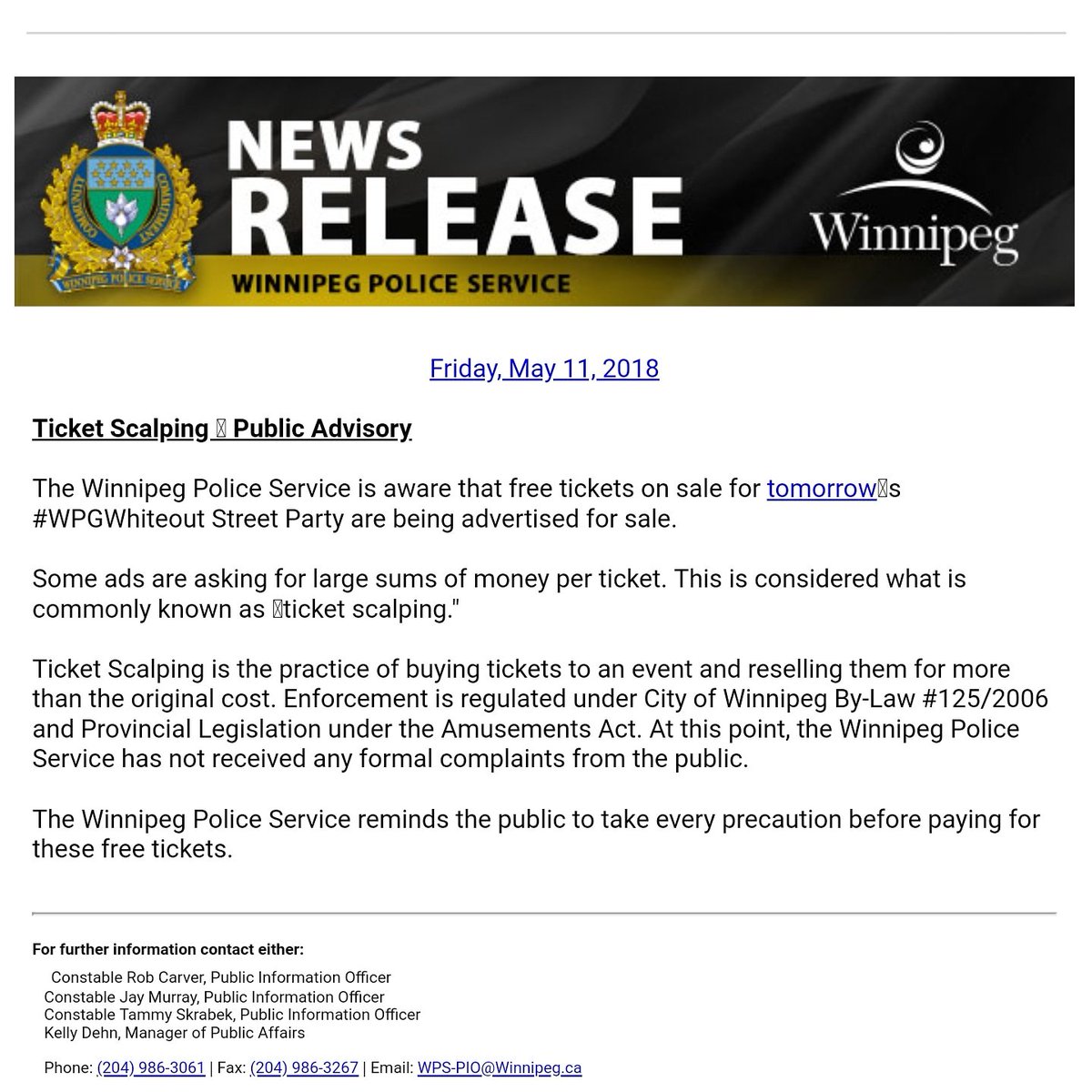AccessWinnipeg's tweet photo. 🚨REMINDER!!!🚨 Selling tickets to the free Winnipeg White Out Street Party is illegal and punishable by law!!! Lets come together as fans to support our team. If you have extra tickets, kindly give them away for free. #GoJetsGo https://t.co/DP8fU33O0p