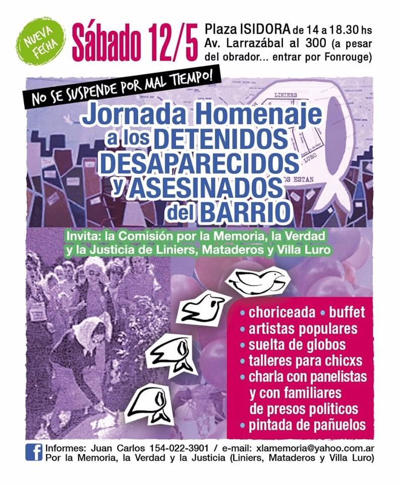 En el día de mañana sábado 12 de Mayo de 14 a 18:30hs, vamos a estar acompañando y compartiendo algunas canciones en la Jornada de Homenaje a los Detenidos- Desaparecidos y Asesinados de Liniers, Mataderos y Villa Luro en la "PLAZA DE ISIDORA" -Larrazábal al 300- 
#EppurseMuove
