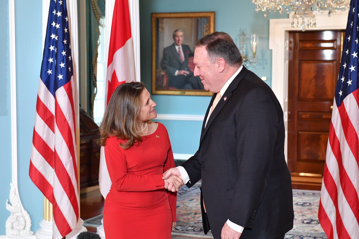 Delighted to meet <a href="/cafreeland/">Chrystia Freeland</a> today. Our relationship with #Canada is one of the closest and most extensive in the world. I appreciate Canada’s #LimaGroup efforts to support the people of #Venezuela, and opposition to #DPRK’s illegal #nuclear program. #FriendsPartnersAllies